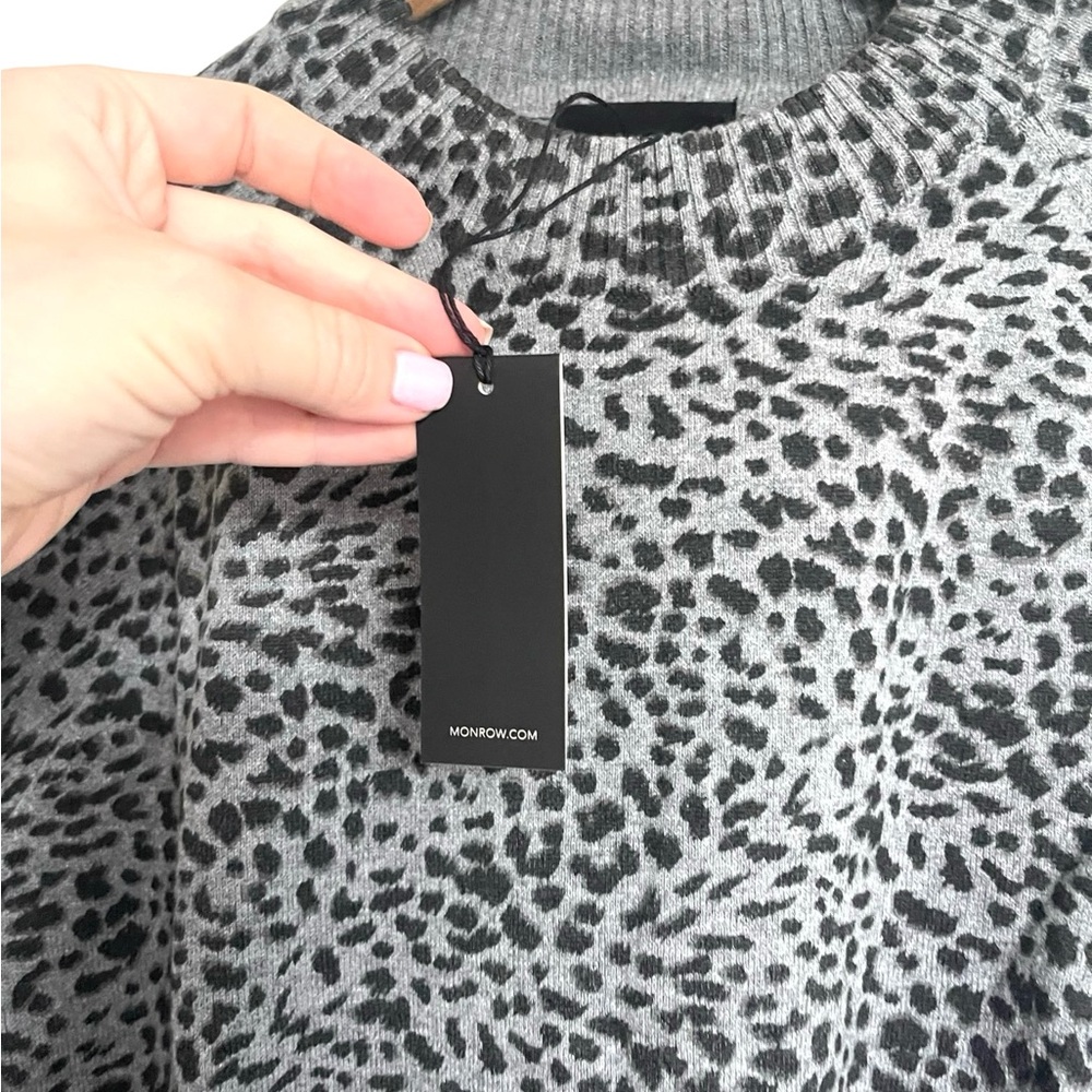 MONROW M Black Gray Leopard Mock Neck Long Sleeve Cotton Cashmere Sweater - Picture 5 of 6